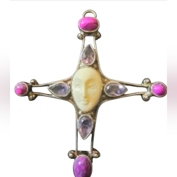 unknown Jewelry - Goddess Carved Face Pendant, Sterling Silver, MultiGemstone, Vintage, EUC